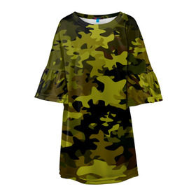 Детское платье 3D с принтом Camouflage в Екатеринбурге, 100% полиэстер | прямой силуэт, чуть расширенный к низу. Круглая горловина, на рукавах — воланы | камуфляж | хаки