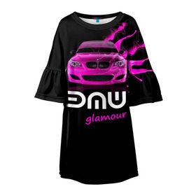 Детское платье 3D с принтом BMW glamour в Екатеринбурге, 100% полиэстер | прямой силуэт, чуть расширенный к низу. Круглая горловина, на рукавах — воланы | Тематика изображения на принте: bmw | m5 | pink | авто | автомобиль | бмв | гламур | машина | розовый | стиль | тачка | элита