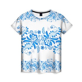 Женская футболка 3D с принтом Гжель в Екатеринбурге, 100% полиэфир ( синтетическое хлопкоподобное полотно) | прямой крой, круглый вырез горловины, длина до линии бедер | 2017 | абстракция | арт | дым | искуство | краски | новинки | радуга | узор | яркий