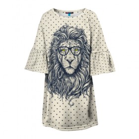 Детское платье 3D с принтом SWAG Lion в Екатеринбурге, 100% полиэстер | прямой силуэт, чуть расширенный к низу. Круглая горловина, на рукавах — воланы | Тематика изображения на принте: animal | cat | hipster | king | lion | животное | зверь | король | лев | очки | хипстер