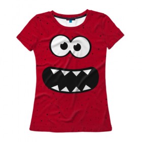 Женская футболка 3D с принтом Веселый монстрик в Екатеринбурге, 100% полиэфир ( синтетическое хлопкоподобное полотно) | прямой крой, круглый вырез горловины, длина до линии бедер | eye | funny | hell | monster | smile | глаз | домовой | зубастик | монстр | прикол | смайл | улыбка | черт