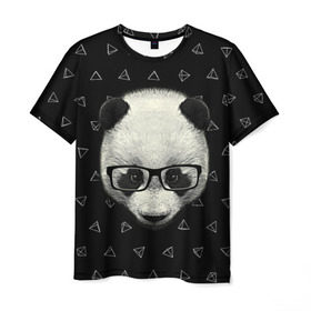 Мужская футболка 3D с принтом Умная панда в Екатеринбурге, 100% полиэфир | прямой крой, круглый вырез горловины, длина до линии бедер | animal | bear | beast | hipster | panda | smart | животное | зверь | медведь | очки | панда | свэг | умный | хипстер