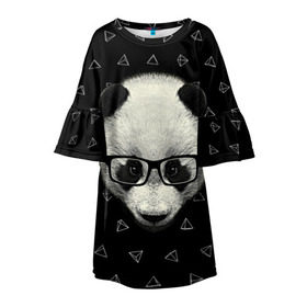 Детское платье 3D с принтом Умная панда в Екатеринбурге, 100% полиэстер | прямой силуэт, чуть расширенный к низу. Круглая горловина, на рукавах — воланы | Тематика изображения на принте: animal | bear | beast | hipster | panda | smart | животное | зверь | медведь | очки | панда | свэг | умный | хипстер