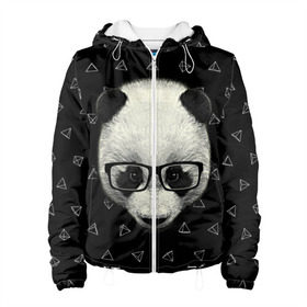 Женская куртка 3D с принтом Умная панда в Екатеринбурге, ткань верха — 100% полиэстер, подклад — флис | прямой крой, подол и капюшон оформлены резинкой с фиксаторами, два кармана без застежек по бокам, один большой потайной карман на груди. Карман на груди застегивается на липучку | animal | bear | beast | hipster | panda | smart | животное | зверь | медведь | очки | панда | свэг | умный | хипстер