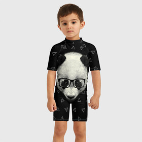 Детский купальный костюм 3D с принтом Умная панда в Екатеринбурге, Полиэстер 85%, Спандекс 15% | застежка на молнии на спине | animal | bear | beast | hipster | panda | smart | животное | зверь | медведь | очки | панда | свэг | умный | хипстер