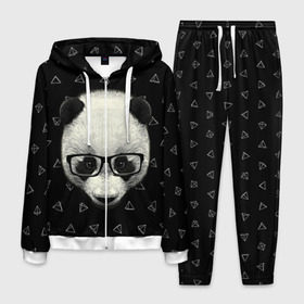 Мужской костюм 3D с принтом Умная панда в Екатеринбурге, 100% полиэстер | Манжеты и пояс оформлены тканевой резинкой, двухслойный капюшон со шнурком для регулировки, карманы спереди | Тематика изображения на принте: animal | bear | beast | hipster | panda | smart | животное | зверь | медведь | очки | панда | свэг | умный | хипстер