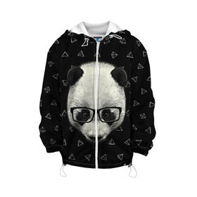Детская куртка 3D с принтом Умная панда в Екатеринбурге, 100% полиэстер | застежка — молния, подол и капюшон оформлены резинкой с фиксаторами, по бокам — два кармана без застежек, один потайной карман на груди, плотность верхнего слоя — 90 г/м2; плотность флисового подклада — 260 г/м2 | Тематика изображения на принте: animal | bear | beast | hipster | panda | smart | животное | зверь | медведь | очки | панда | свэг | умный | хипстер