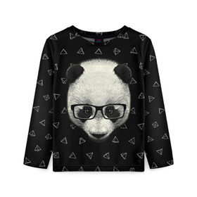 Детский лонгслив 3D с принтом Умная панда в Екатеринбурге, 100% полиэстер | длинные рукава, круглый вырез горловины, полуприлегающий силуэт
 | animal | bear | beast | hipster | panda | smart | животное | зверь | медведь | очки | панда | свэг | умный | хипстер