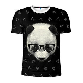 Мужская футболка 3D спортивная с принтом Умная панда в Екатеринбурге, 100% полиэстер с улучшенными характеристиками | приталенный силуэт, круглая горловина, широкие плечи, сужается к линии бедра | Тематика изображения на принте: animal | bear | beast | hipster | panda | smart | животное | зверь | медведь | очки | панда | свэг | умный | хипстер