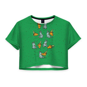 Женская футболка 3D укороченная с принтом Боевая морковь в Екатеринбурге, 100% полиэстер | круглая горловина, длина футболки до линии талии, рукава с отворотами | animal | beast | karate | nature | rabbit | vegan | битва | бой | веган | вегетарианец | животное | зайка | зайчик | заяц | зверь | карате | кролик | морковь | овощ | природа
