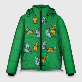Мужская зимняя куртка 3D с принтом Боевая морковь в Екатеринбурге, верх — 100% полиэстер; подкладка — 100% полиэстер; утеплитель — 100% полиэстер | длина ниже бедра, свободный силуэт Оверсайз. Есть воротник-стойка, отстегивающийся капюшон и ветрозащитная планка. 

Боковые карманы с листочкой на кнопках и внутренний карман на молнии. | Тематика изображения на принте: animal | beast | karate | nature | rabbit | vegan | битва | бой | веган | вегетарианец | животное | зайка | зайчик | заяц | зверь | карате | кролик | морковь | овощ | природа