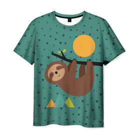 Мужская футболка 3D с принтом Довольный ленивец в Екатеринбурге, 100% полиэфир | прямой крой, круглый вырез горловины, длина до линии бедер | animal | art | bear | beast | nature | sun | арт | животное | зверь | лето | медведь | мишка | природа | солнце