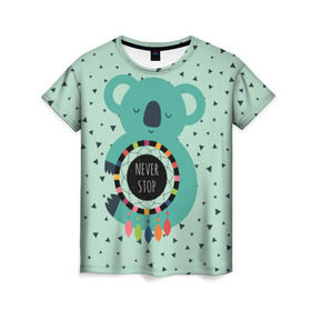 Женская футболка 3D с принтом Мечтающая коала в Екатеринбурге, 100% полиэфир ( синтетическое хлопкоподобное полотно) | прямой крой, круглый вырез горловины, длина до линии бедер | animal | dream | hunter | koala | животное | зверь | коала | ловец снов | мечта