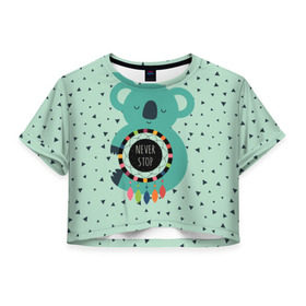 Женская футболка 3D укороченная с принтом Мечтающая коала в Екатеринбурге, 100% полиэстер | круглая горловина, длина футболки до линии талии, рукава с отворотами | animal | dream | hunter | koala | животное | зверь | коала | ловец снов | мечта