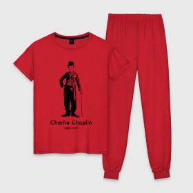 Женская пижама хлопок с принтом Чарли Чаплин в Екатеринбурге, 100% хлопок | брюки и футболка прямого кроя, без карманов, на брюках мягкая резинка на поясе и по низу штанин | Тематика изображения на принте: 