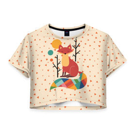 Женская футболка 3D укороченная с принтом Осенняя лисичка в Екатеринбурге, 100% полиэстер | круглая горловина, длина футболки до линии талии, рукава с отворотами | animal | beast | cat | fox | kitty | nature | orange | животное | зверь | кот | котик | кошка | лиса | лисичка | оранжевая | осень | природа