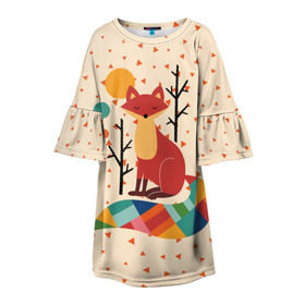 Детское платье 3D с принтом Осенняя лисичка в Екатеринбурге, 100% полиэстер | прямой силуэт, чуть расширенный к низу. Круглая горловина, на рукавах — воланы | Тематика изображения на принте: animal | beast | cat | fox | kitty | nature | orange | животное | зверь | кот | котик | кошка | лиса | лисичка | оранжевая | осень | природа