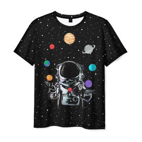 Мужская футболка 3D с принтом Космический жонглер в Екатеринбурге, 100% полиэфир | прямой крой, круглый вырез горловины, длина до линии бедер | astronaut | cosmonaut | cosmos | galaxy | planet | space | star | universe | астронавт | вселенная | галактика | звезды | земля | космонавт | космос | луна | марс | планета | сатурн | уран