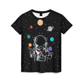 Женская футболка 3D с принтом Космический жонглер в Екатеринбурге, 100% полиэфир ( синтетическое хлопкоподобное полотно) | прямой крой, круглый вырез горловины, длина до линии бедер | astronaut | cosmonaut | cosmos | galaxy | planet | space | star | universe | астронавт | вселенная | галактика | звезды | земля | космонавт | космос | луна | марс | планета | сатурн | уран