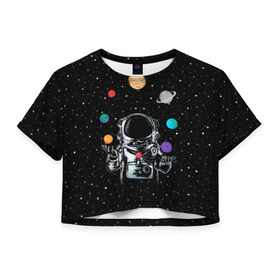 Женская футболка 3D укороченная с принтом Космический жонглер в Екатеринбурге, 100% полиэстер | круглая горловина, длина футболки до линии талии, рукава с отворотами | astronaut | cosmonaut | cosmos | galaxy | planet | space | star | universe | астронавт | вселенная | галактика | звезды | земля | космонавт | космос | луна | марс | планета | сатурн | уран
