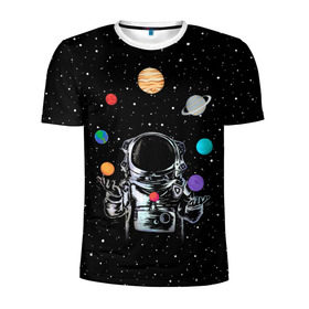 Мужская футболка 3D спортивная с принтом Космический жонглер в Екатеринбурге, 100% полиэстер с улучшенными характеристиками | приталенный силуэт, круглая горловина, широкие плечи, сужается к линии бедра | astronaut | cosmonaut | cosmos | galaxy | planet | space | star | universe | астронавт | вселенная | галактика | звезды | земля | космонавт | космос | луна | марс | планета | сатурн | уран
