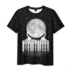 Мужская футболка 3D с принтом Лунная мелодия в Екатеринбурге, 100% полиэфир | прямой крой, круглый вырез горловины, длина до линии бедер | astronaut | cosmonaut | cosmos | galaxy | meteor | moon | planet | space | universe | астронавт | вселенная | галактика | звезды | космонавт | космос | луна | мелодия | музыка | ноты