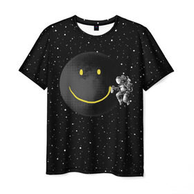 Мужская футболка 3D с принтом Лунная улыбка в Екатеринбурге, 100% полиэфир | прямой крой, круглый вырез горловины, длина до линии бедер | Тематика изображения на принте: astronaut | cosmonaut | cosmos | galaxy | meteor | moon | planet | smile | space | universe | астронавт | вселенная | галактика | звезды | космонавт | космос | луна | смайл | улыбка