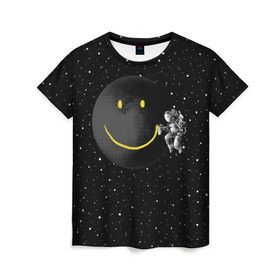 Женская футболка 3D с принтом Лунная улыбка в Екатеринбурге, 100% полиэфир ( синтетическое хлопкоподобное полотно) | прямой крой, круглый вырез горловины, длина до линии бедер | astronaut | cosmonaut | cosmos | galaxy | meteor | moon | planet | smile | space | universe | астронавт | вселенная | галактика | звезды | космонавт | космос | луна | смайл | улыбка