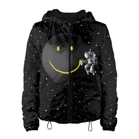 Женская куртка 3D с принтом Лунная улыбка в Екатеринбурге, ткань верха — 100% полиэстер, подклад — флис | прямой крой, подол и капюшон оформлены резинкой с фиксаторами, два кармана без застежек по бокам, один большой потайной карман на груди. Карман на груди застегивается на липучку | astronaut | cosmonaut | cosmos | galaxy | meteor | moon | planet | smile | space | universe | астронавт | вселенная | галактика | звезды | космонавт | космос | луна | смайл | улыбка
