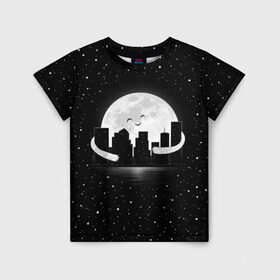 Детская футболка 3D с принтом Лунные объятия в Екатеринбурге, 100% гипоаллергенный полиэфир | прямой крой, круглый вырез горловины, длина до линии бедер, чуть спущенное плечо, ткань немного тянется | astronaut | city | cosmonaut | cosmos | galaxy | moon | planet | smile | space | universe | астронавт | вселенная | галактика | город | звезды | космонавт | космос | луна | смайл | улыбка