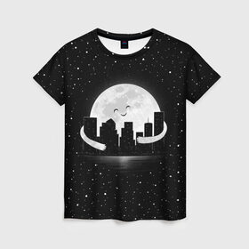 Женская футболка 3D с принтом Лунные объятия в Екатеринбурге, 100% полиэфир ( синтетическое хлопкоподобное полотно) | прямой крой, круглый вырез горловины, длина до линии бедер | astronaut | city | cosmonaut | cosmos | galaxy | moon | planet | smile | space | universe | астронавт | вселенная | галактика | город | звезды | космонавт | космос | луна | смайл | улыбка