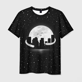 Мужская футболка 3D с принтом Лунные объятия в Екатеринбурге, 100% полиэфир | прямой крой, круглый вырез горловины, длина до линии бедер | Тематика изображения на принте: astronaut | city | cosmonaut | cosmos | galaxy | moon | planet | smile | space | universe | астронавт | вселенная | галактика | город | звезды | космонавт | космос | луна | смайл | улыбка
