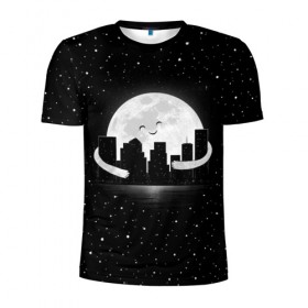 Мужская футболка 3D спортивная с принтом Лунные объятия в Екатеринбурге, 100% полиэстер с улучшенными характеристиками | приталенный силуэт, круглая горловина, широкие плечи, сужается к линии бедра | astronaut | city | cosmonaut | cosmos | galaxy | moon | planet | smile | space | universe | астронавт | вселенная | галактика | город | звезды | космонавт | космос | луна | смайл | улыбка
