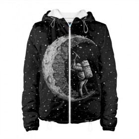 Женская куртка 3D с принтом Лунный шахтер в Екатеринбурге, ткань верха — 100% полиэстер, подклад — флис | прямой крой, подол и капюшон оформлены резинкой с фиксаторами, два кармана без застежек по бокам, один большой потайной карман на груди. Карман на груди застегивается на липучку | astronaut | cosmonaut | cosmos | galaxy | moon | planet | space | star | universe | астронавт | вселенная | галактика | звезды | космонавт | космос | луна | планета | шахтер