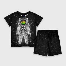 Детский костюм с шортами 3D с принтом Музыкальный космонавт в Екатеринбурге,  |  | astronaut | cosmonaut | dj | eqializer | galaxy | moon | music | planet | space | star | universe | астронавт | вселенная | галактика | диджей | космонавт | космос | музыка | эквалайзер