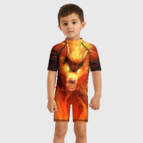 Детский купальный костюм 3D с принтом Fire Wolf в Екатеринбурге, Полиэстер 85%, Спандекс 15% | застежка на молнии на спине | league of legends | lol | warwick | wolf | варвик | волк | лига легенд | лол
