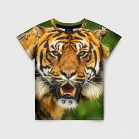 Детская футболка 3D с принтом Тигр в Екатеринбурге, 100% гипоаллергенный полиэфир | прямой крой, круглый вырез горловины, длина до линии бедер, чуть спущенное плечо, ткань немного тянется | дикая кошка | животное | клыки | лев | тигр. tiger | хищник