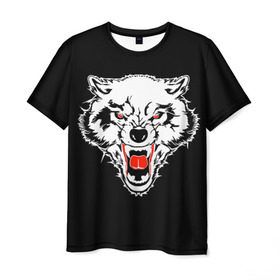 Мужская футболка 3D с принтом Волк в Екатеринбурге, 100% полиэфир | прямой крой, круглый вырез горловины, длина до линии бедер | animal | background | black | eyes | fangs | head | predator | red | teeth | white | wolf | белый | волк | глаза | голова | животное | зверь | клыки | красные | оскал | фон | хищник | черный