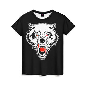Женская футболка 3D с принтом Волк в Екатеринбурге, 100% полиэфир ( синтетическое хлопкоподобное полотно) | прямой крой, круглый вырез горловины, длина до линии бедер | animal | background | black | eyes | fangs | head | predator | red | teeth | white | wolf | белый | волк | глаза | голова | животное | зверь | клыки | красные | оскал | фон | хищник | черный