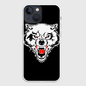 Чехол для iPhone 13 mini с принтом Волк в Екатеринбурге,  |  | animal | background | black | eyes | fangs | head | predator | red | teeth | white | wolf | белый | волк | глаза | голова | животное | зверь | клыки | красные | оскал | фон | хищник | черный