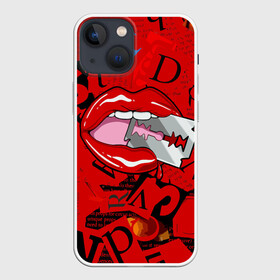 Чехол для iPhone 13 mini с принтом Поп арт, опасная бритва в Екатеринбурге,  |  | blade | blood | dangerous | drop | letters | lips | pop   art | razor | бритва | буквы | губы | капля | кровь | лезвие | опасная | поп арт