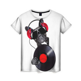 Женская футболка 3D с принтом DJ бульдог в Екатеринбурге, 100% полиэфир ( синтетическое хлопкоподобное полотно) | прямой крой, круглый вырез горловины, длина до линии бедер | бульдог | винил | диджей | музыка | наушники | очки | пёс | пластинка | собака | юмор