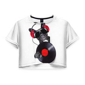 Женская футболка 3D укороченная с принтом DJ бульдог в Екатеринбурге, 100% полиэстер | круглая горловина, длина футболки до линии талии, рукава с отворотами | бульдог | винил | диджей | музыка | наушники | очки | пёс | пластинка | собака | юмор