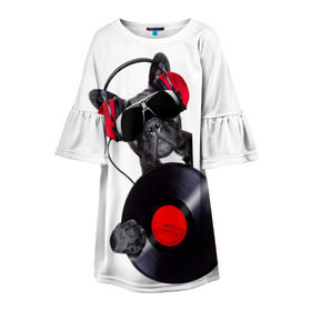 Детское платье 3D с принтом DJ бульдог в Екатеринбурге, 100% полиэстер | прямой силуэт, чуть расширенный к низу. Круглая горловина, на рукавах — воланы | бульдог | винил | диджей | музыка | наушники | очки | пёс | пластинка | собака | юмор
