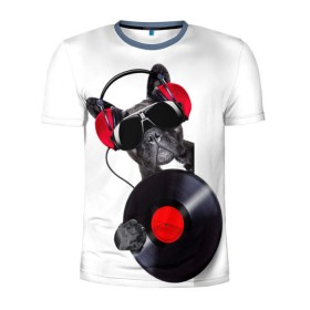 Мужская футболка 3D спортивная с принтом DJ бульдог в Екатеринбурге, 100% полиэстер с улучшенными характеристиками | приталенный силуэт, круглая горловина, широкие плечи, сужается к линии бедра | бульдог | винил | диджей | музыка | наушники | очки | пёс | пластинка | собака | юмор