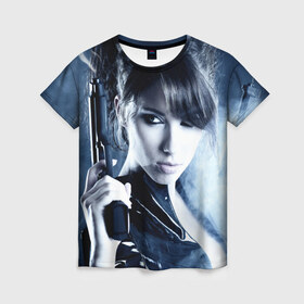 Женская футболка 3D с принтом Девушка с оружием в Екатеринбурге, 100% полиэфир ( синтетическое хлопкоподобное полотно) | прямой крой, круглый вырез горловины, длина до линии бедер | брюнетка | девушка | оружие | пистолет
