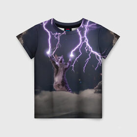 Детская футболка 3D с принтом Грозовой кошак в Екатеринбурге, 100% гипоаллергенный полиэфир | прямой крой, круглый вырез горловины, длина до линии бедер, чуть спущенное плечо, ткань немного тянется | lightning cat