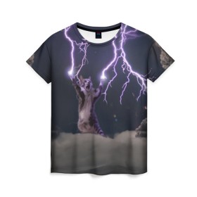 Женская футболка 3D с принтом Грозовой кошак в Екатеринбурге, 100% полиэфир ( синтетическое хлопкоподобное полотно) | прямой крой, круглый вырез горловины, длина до линии бедер | lightning cat