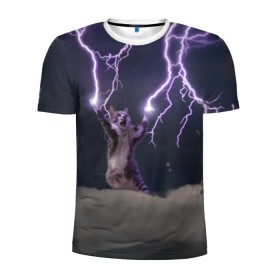 Мужская футболка 3D спортивная с принтом Грозовой кошак в Екатеринбурге, 100% полиэстер с улучшенными характеристиками | приталенный силуэт, круглая горловина, широкие плечи, сужается к линии бедра | lightning cat