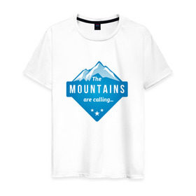 Мужская футболка хлопок с принтом Горы зовут в Екатеринбурге, 100% хлопок | прямой крой, круглый вырез горловины, длина до линии бедер, слегка спущенное плечо. | Тематика изображения на принте: альпинизм | горы | лыжи | сноуборд